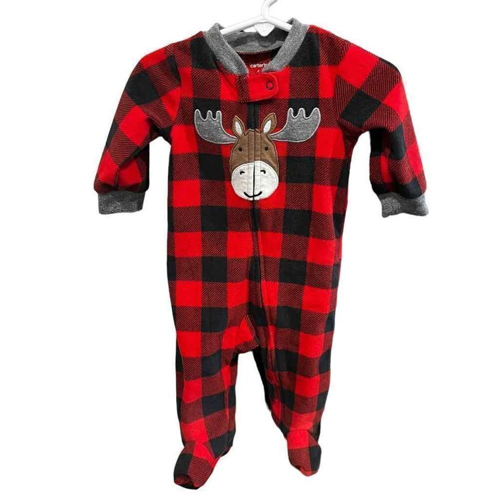 Carter’s Red Plaid Moose One Piece Pajamas 6 Months